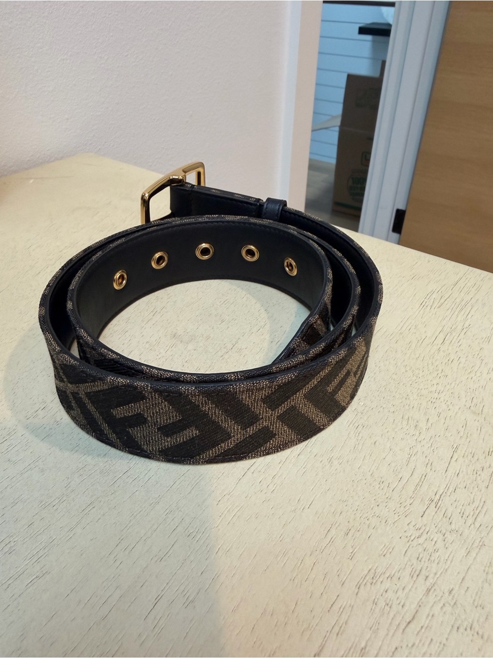 Fendi Black and Brown FF Logo Canvas Belt with Gold Buckle